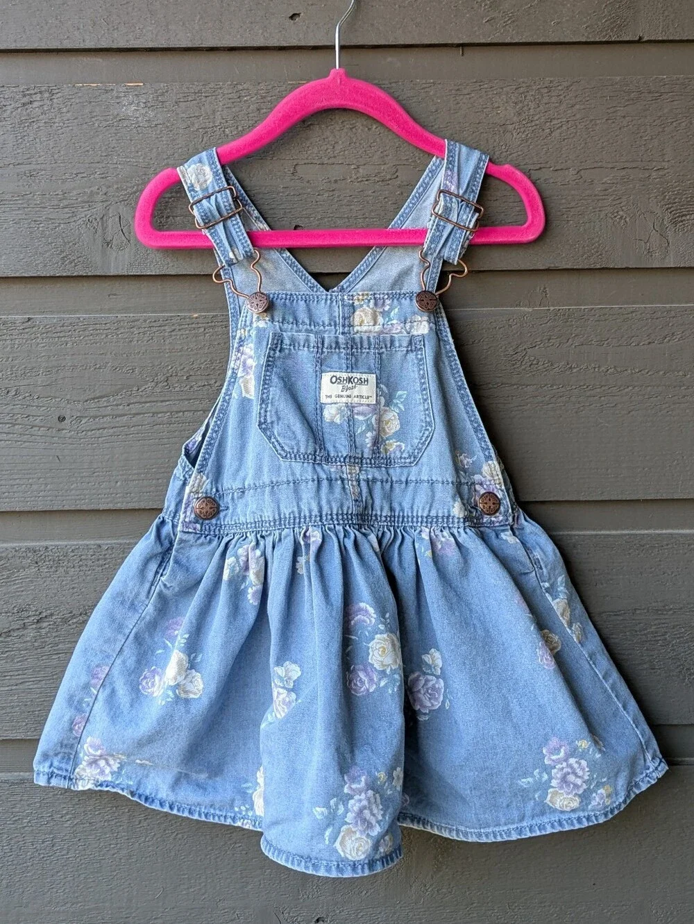 OshKosh B'gosh Girls' Blue Denim Floral Overall Dress 2T Toddler 100% Cotton